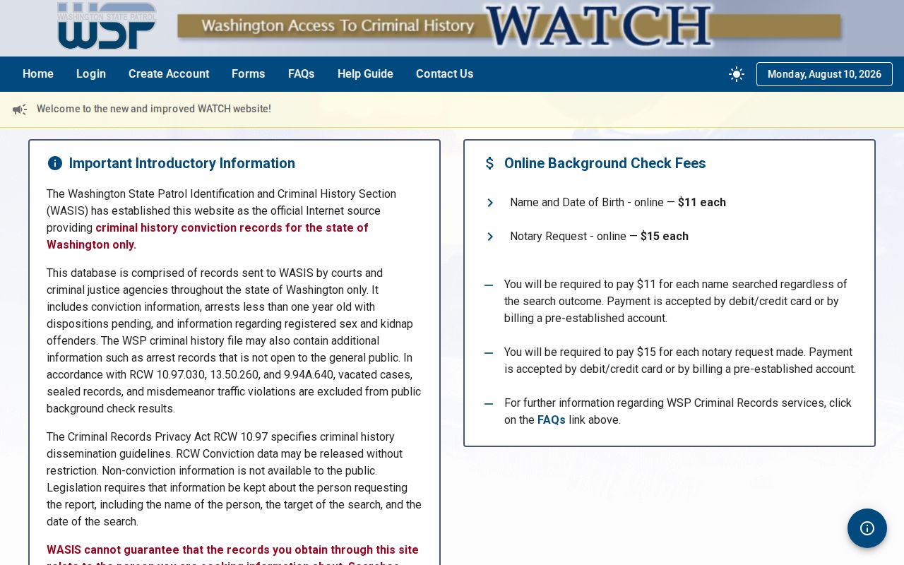 Spokane County criminal history information on the WATCH overview